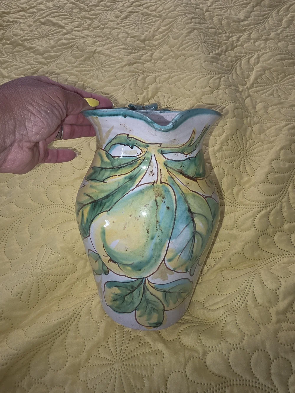 Source Unknown Hand-Painted Ceramic Pitcher with Yellow and Green Lemon Motif